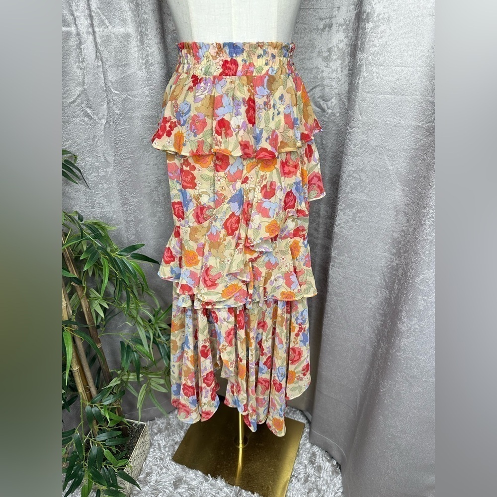 NEW MISA Los Angeles Women’s Multicolored Floral Tiered Split Long Skirt Sz XS